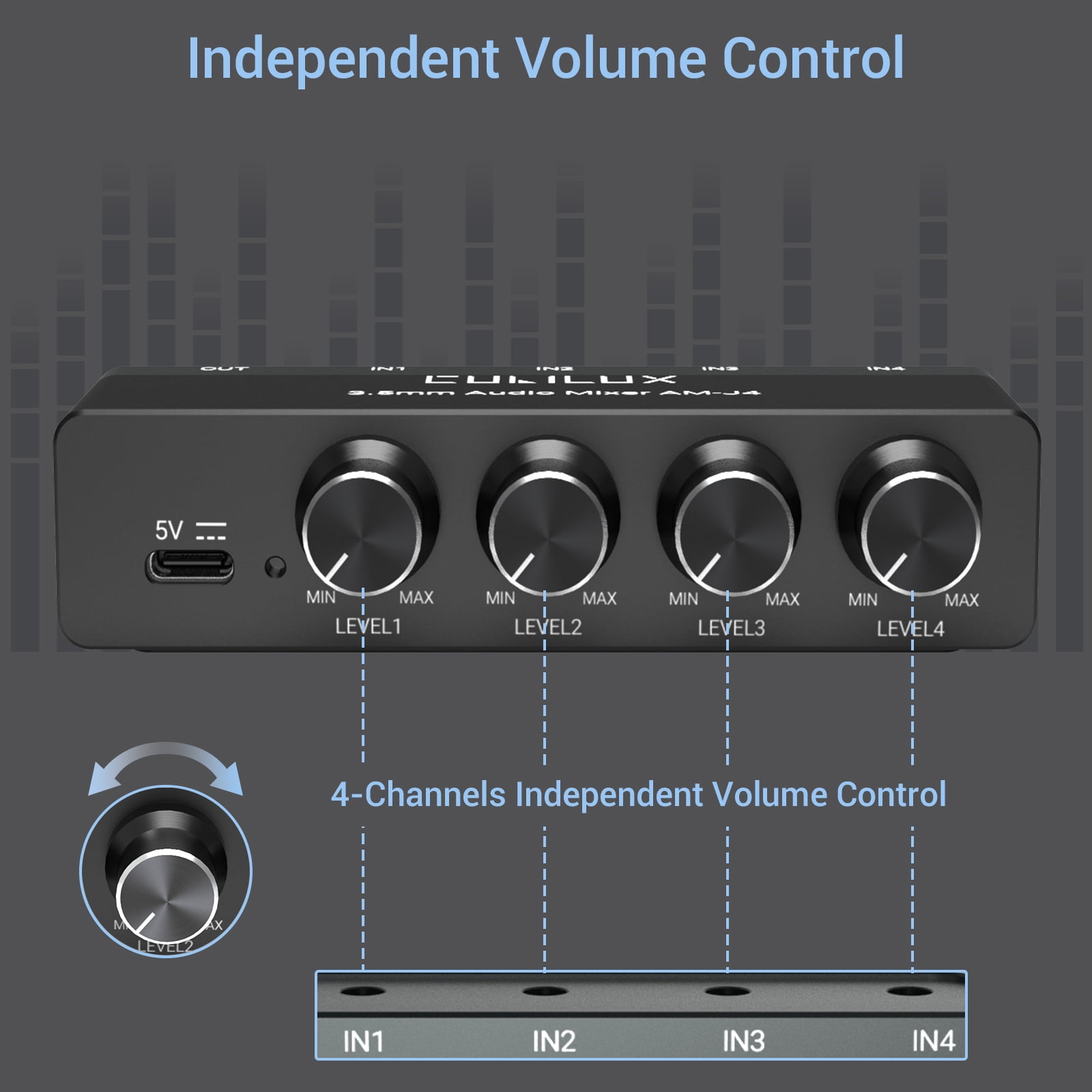 Cubilux 4-Channel Mini Audio Mixer with 3.5 mm TS/TRS Stereo Input, Aluminum Low-Noise Sub-Mixer for Guitars, Keyboards, Bass