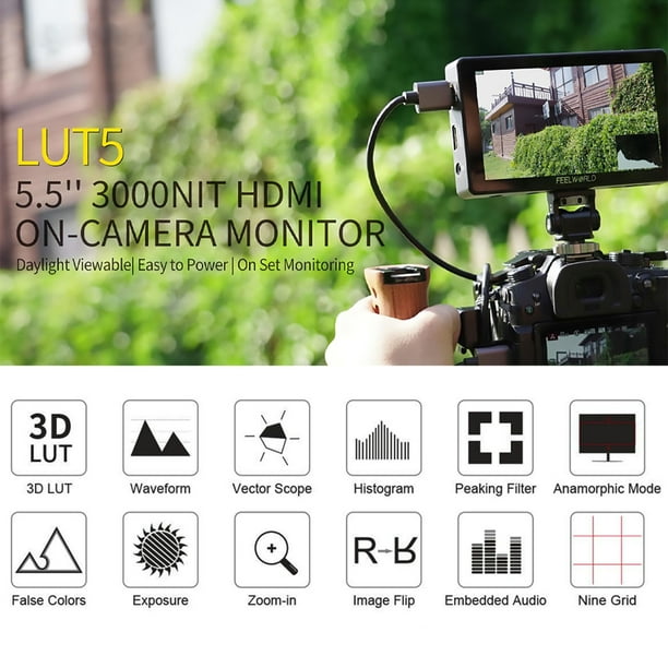 FEELWORLD LUT5 5.5 Inch DSLR Camera Field Monitor Video Monitor 3000nits  Ultra Bright Auto Dimming Touchscreen HDR Monitoring 3D LUT with 4K HDMI  Input & Output 1920x1080 IPS Panel 