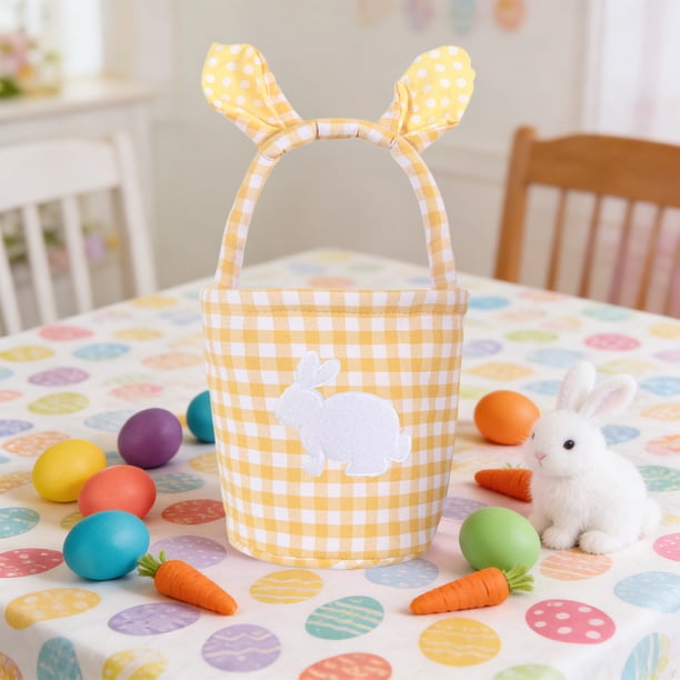 Bonita Cesta a Cuadros con Orejas de Conejo para Decorar con Huevos de Pascua, Dulces y Regalos.