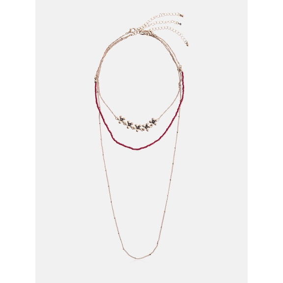 No Boundaries Women’s Beaded Flower Necklaces, Gold-Plated and Red, 3 Piece