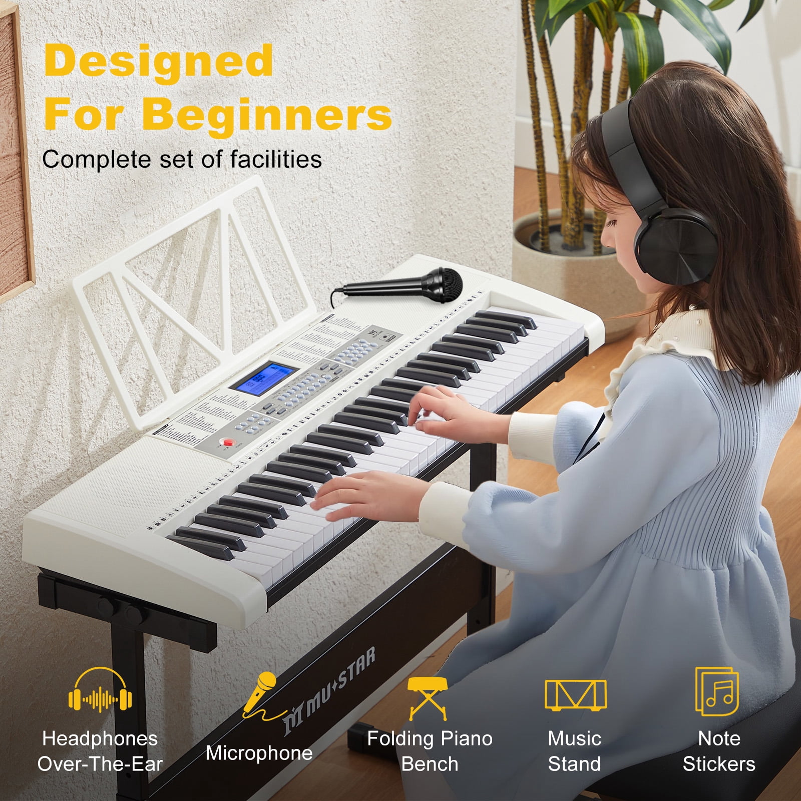 Mustar 61 Key Electric Lighted Keyboard Piano with 255 Tones/Rhythms, Smart Learning System, Headphone, Microphone, Keyboard Stand, Stool, Stickers (White)
