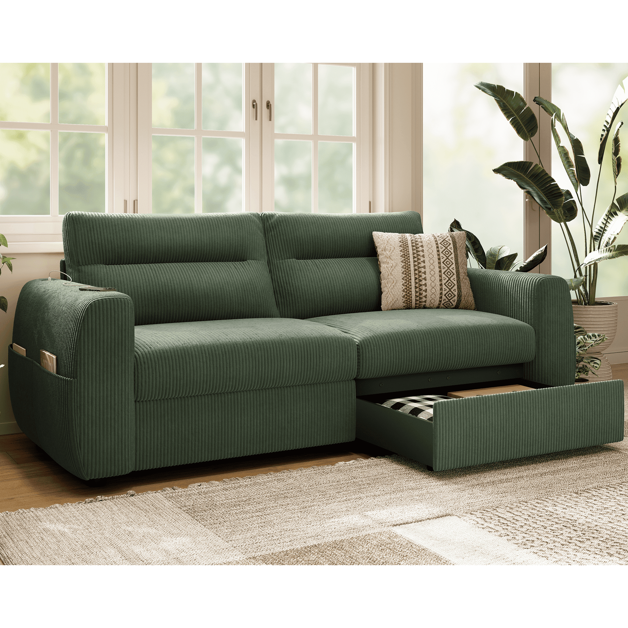 CHIC HOUSE 89" Oversized Loveseat Sofa with 2 Storage Drawer, USB Charging, Corduroy Deep Seat Large 2-Seater Couch with 35" Extra-Wide Seats for Small Spaces, Apartment, Bedroom, Green