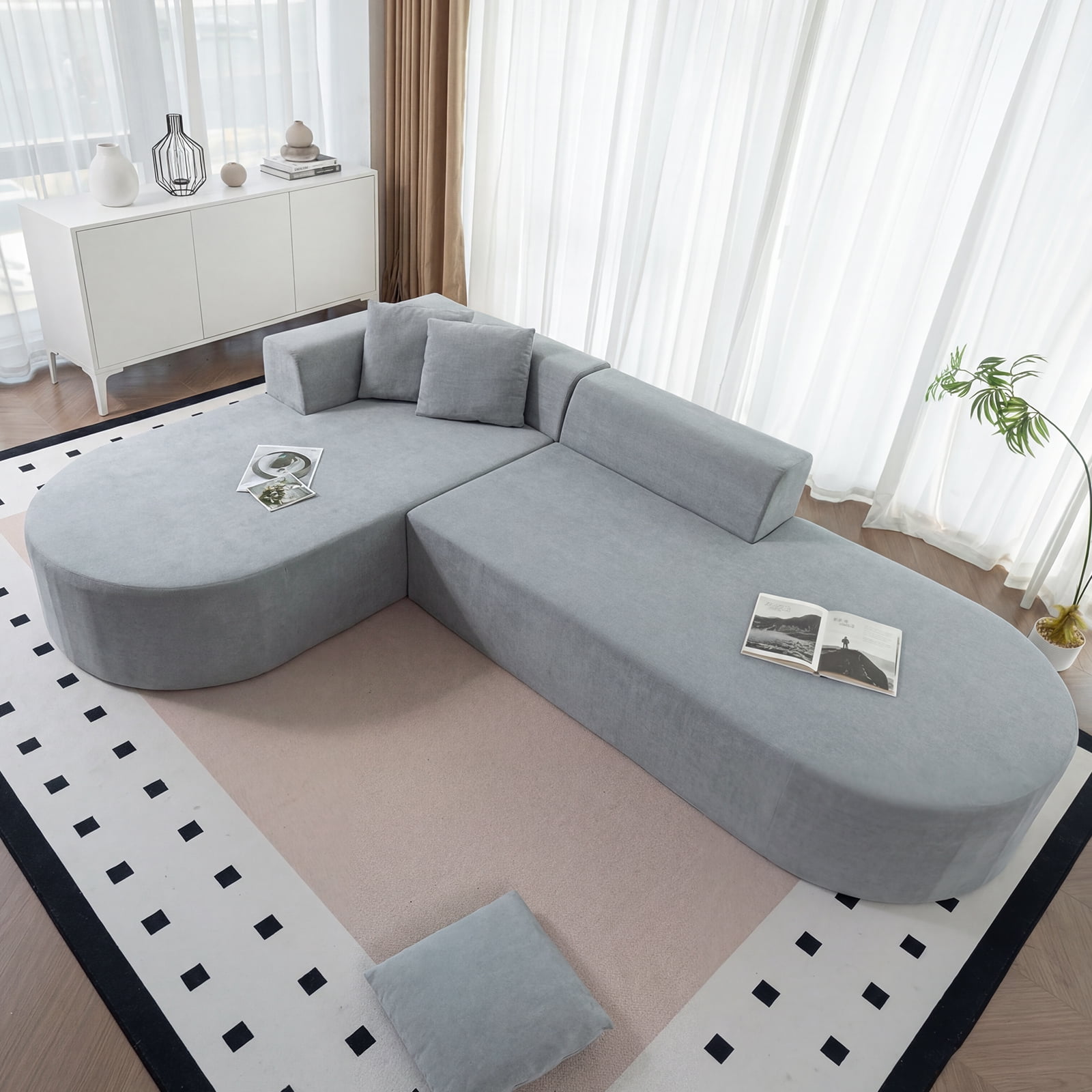 GARITIN L Shaped Modular, Corduroy Armless Couch with Deep Seats & Movable Sectional Sofa Ottoman Fabric, High-Resilience Foam, 107", Grey