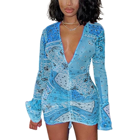 CreativeArrowy Women Mesh Club Outfits Bandana Mesh Bodyocn Dress Deep V Neck Flare Long Sleeve Dress Mini Drawstring Dress