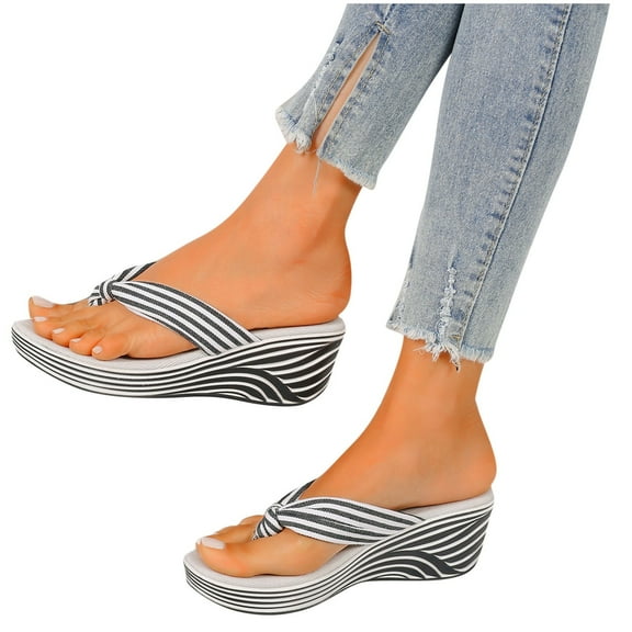 Xfvqtps Flip Flops for Women Slide Wedge Arch Support Stripe Soft Sole Non Slip Comfortable Walking Beach Summer Sandals Black