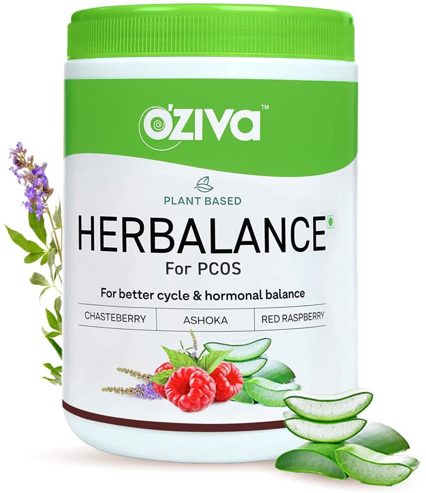 OZiva Plant Based HerBalance PCOS with Chasteberry (Vitex), Rhodiola Rosea,  Red Raspberry, Shilajit, Ashoka & More for Better Hormone & Cycle Balance,  Facial Hair, Reproductive Health  lbs 