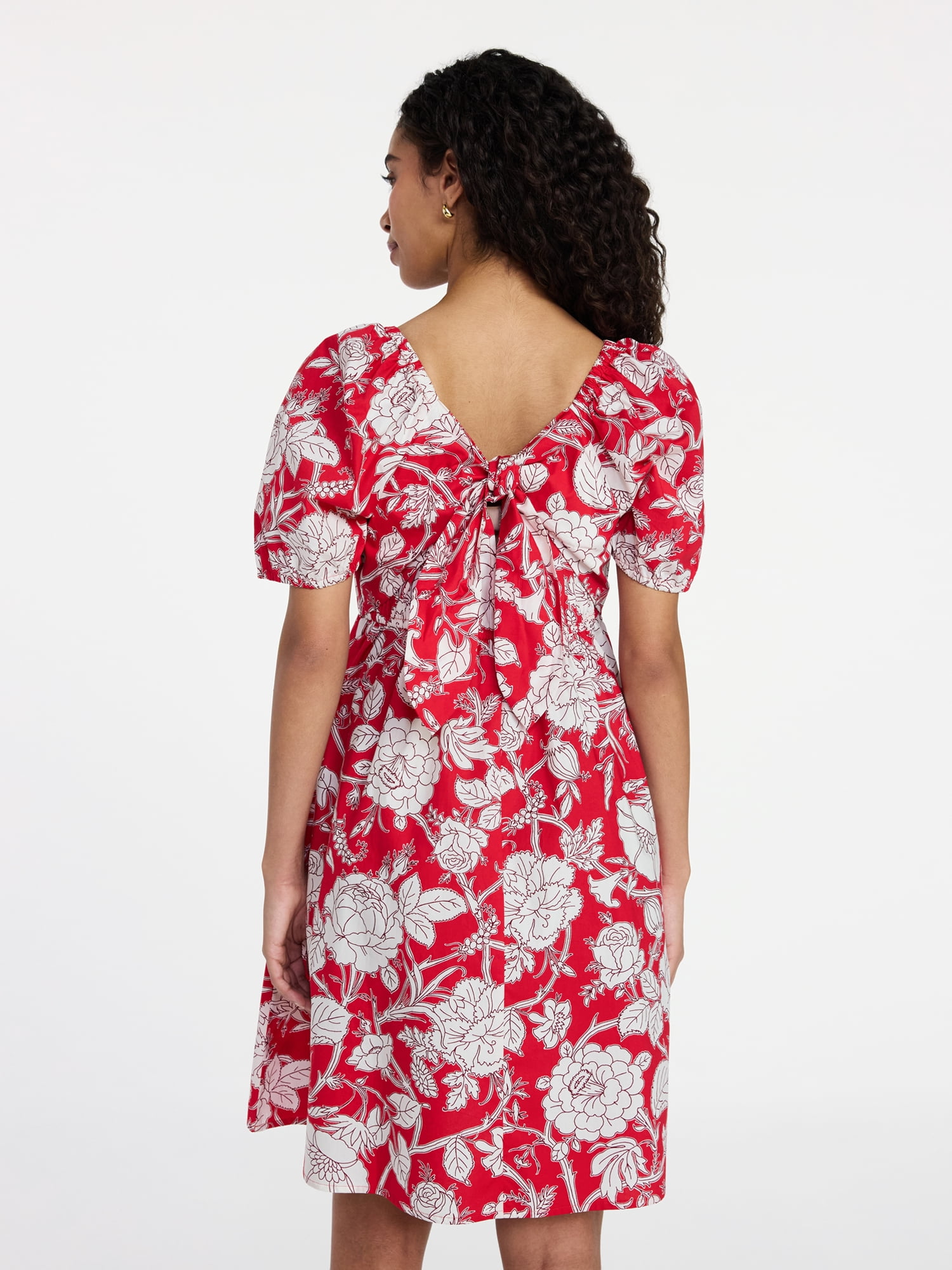 Time and Tru Women's and Women's Plus Tie Back Mini Dress with Puff Sleeves, Sizes XS-4X