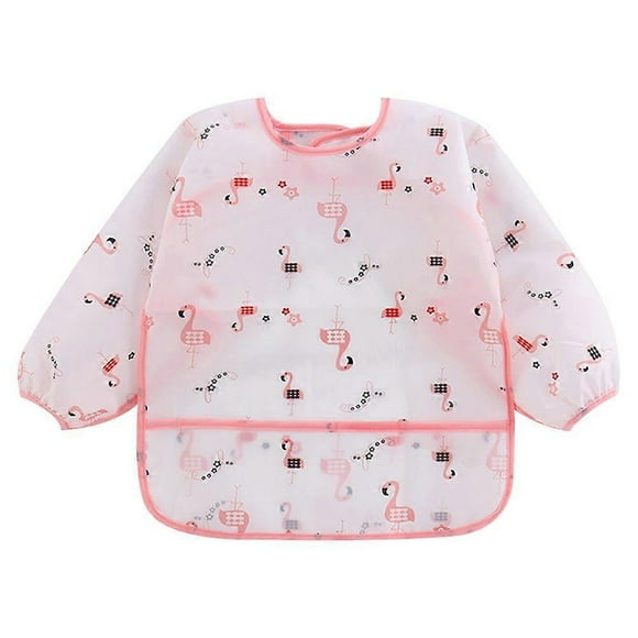 Baby Waterproof Long Sleeve Aprons Children Breathable Painting Flamingo Aprons Baby Eatting Clothes (Pink, Size 90, 0.6-2 Years Old Style)