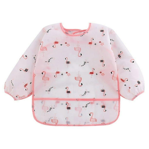 Baby Waterproof Long Sleeve Aprons Children Breathable Painting Flamingo Aprons Baby Eatting Clothes (Pink, Size 90, 0.6-2 Years Old Style)