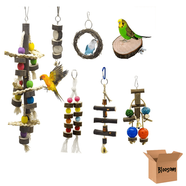 Kit Juguetes Bloosom Para Loro Pájaro Ave Campana Columpio Percha Natural