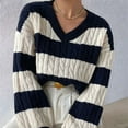 thumbnail image 5 of Women'S Cropped Sweater V-Neck Long Sleeve Fisherman Cable Pullover Knit Top Blue & White S, 5 of 7