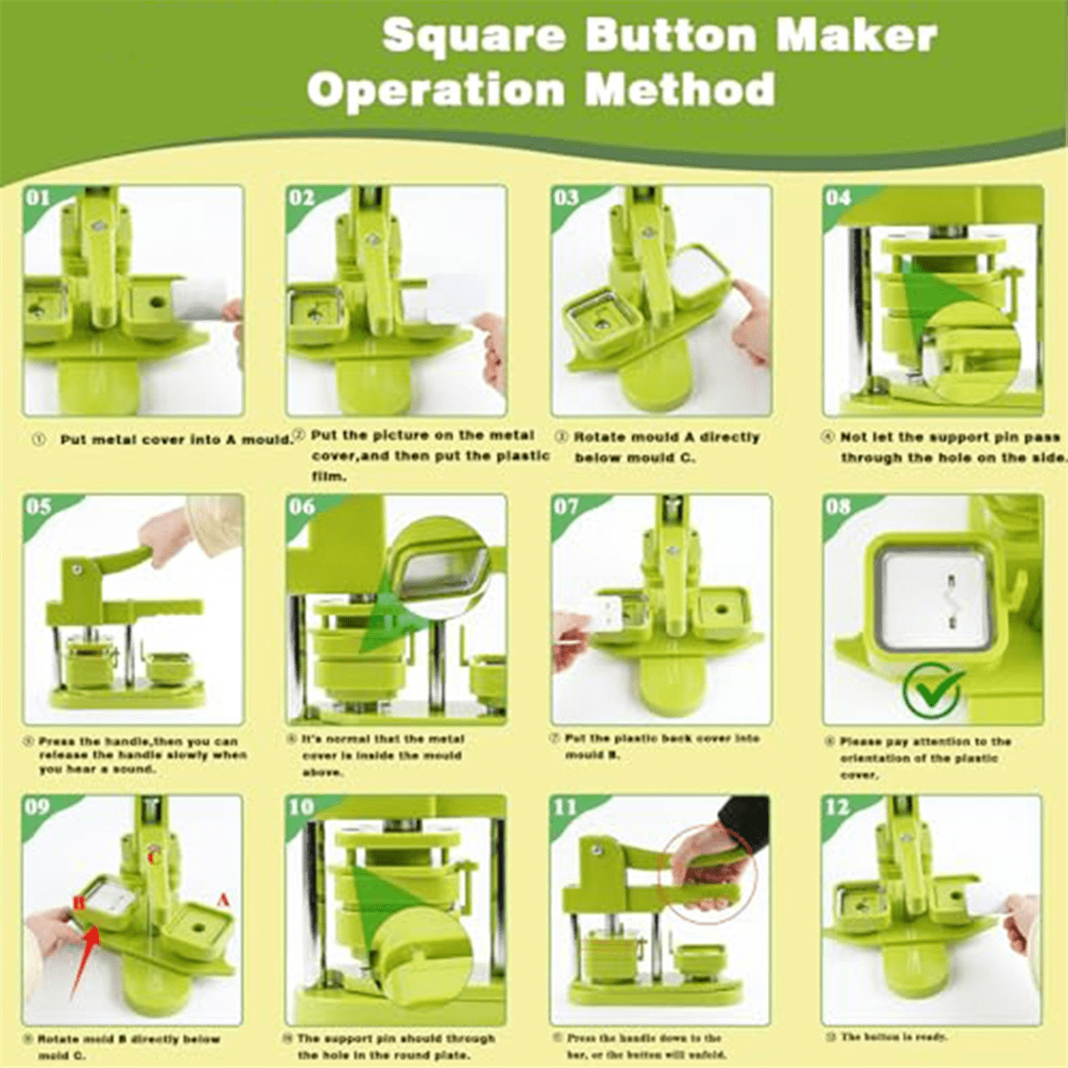 50x50mm Square Refrigerator Badges Compress Machine Rotating Manual Making Fridge Magnet Badges Pin for Home Office,1 x Machine 1 x Square Mold