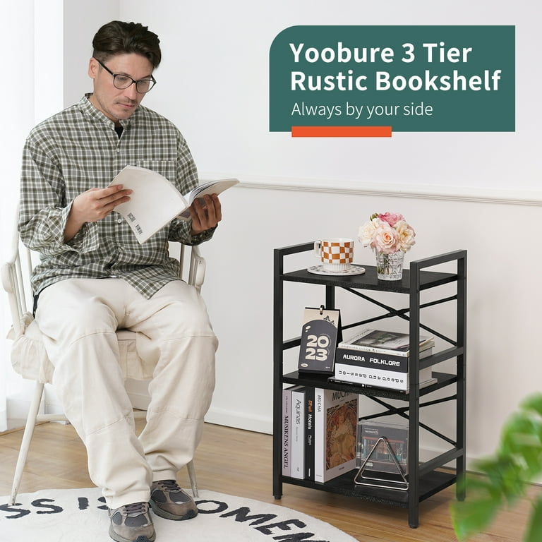 BON AUGURE Small 3 Tier Bookshelf, Rustic Industrial Book Shelf, Short Wood  Metal Standing Etagere Bookcase for Living Room, Bedroom and Office (Dark