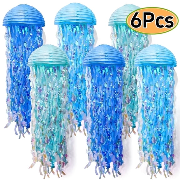 Jelly Fish Paper Lanterns, Blue Hanging Lantern for Under the Sea Mermaid Party Supplies, Birthday Baptism Wedding Ocean Wall Decoration