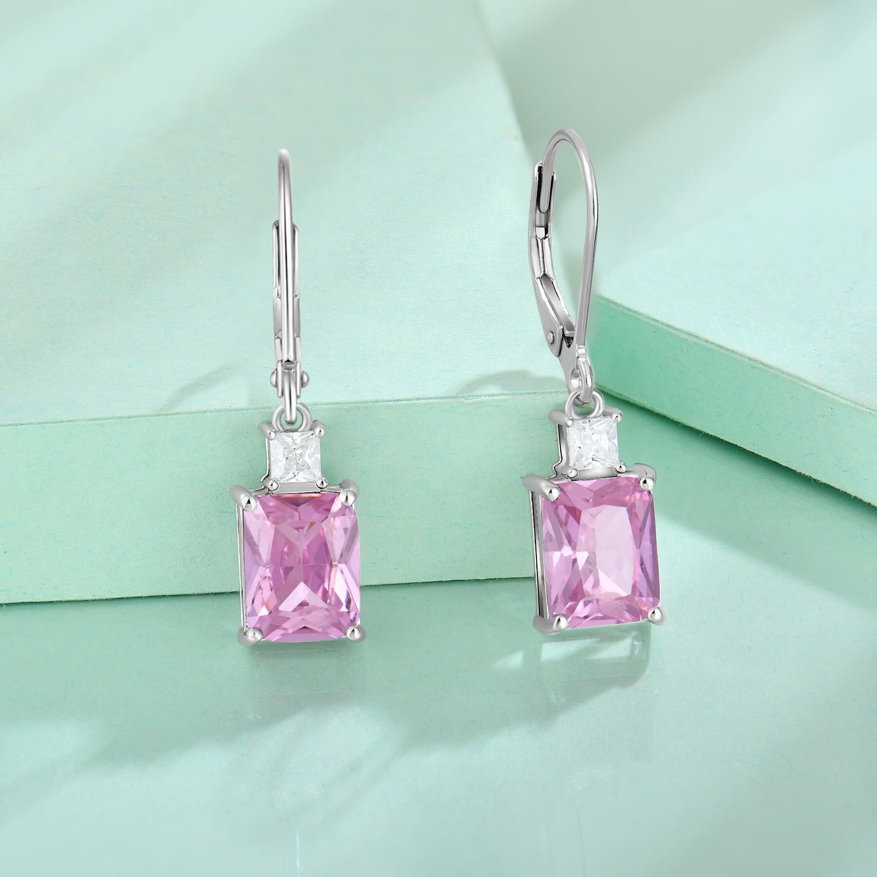Starchenie Princess/Emerald Brilliant Cut Birthstone October Pink Tourmaline Earrings for Women Dangle Earrings Sterling Silver Leverback Earrings Birthday Anniversary Jewelry Gift