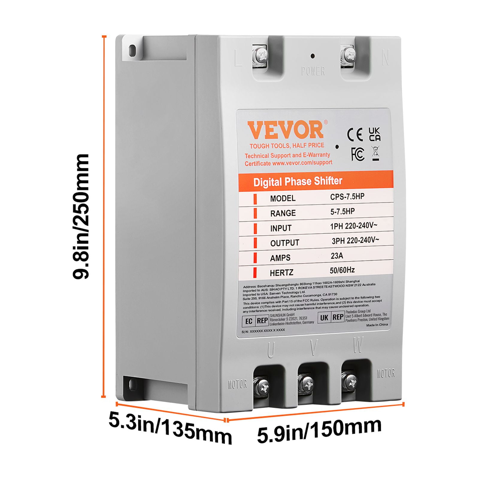 VEVOR 3Phase Converter- 7.5HP 23A 220V Single Phase to 3 Phase Converter, Digital Phase Shifter for Residential & Light Commercial Use,220V-240V Input/Output (One DPS Must Be Used on One Motor Only)
