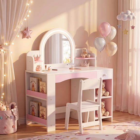 Guqiart Kids Vanity Set with Lighted Mirror and Stool, White