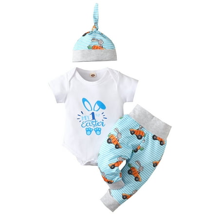 

Frobukio Summer Easter Infant Baby Girls Boys Letters Rabbit Print Short Sleeve Romper + Trousers + Cap Clothes Set Blue 12-18 Months