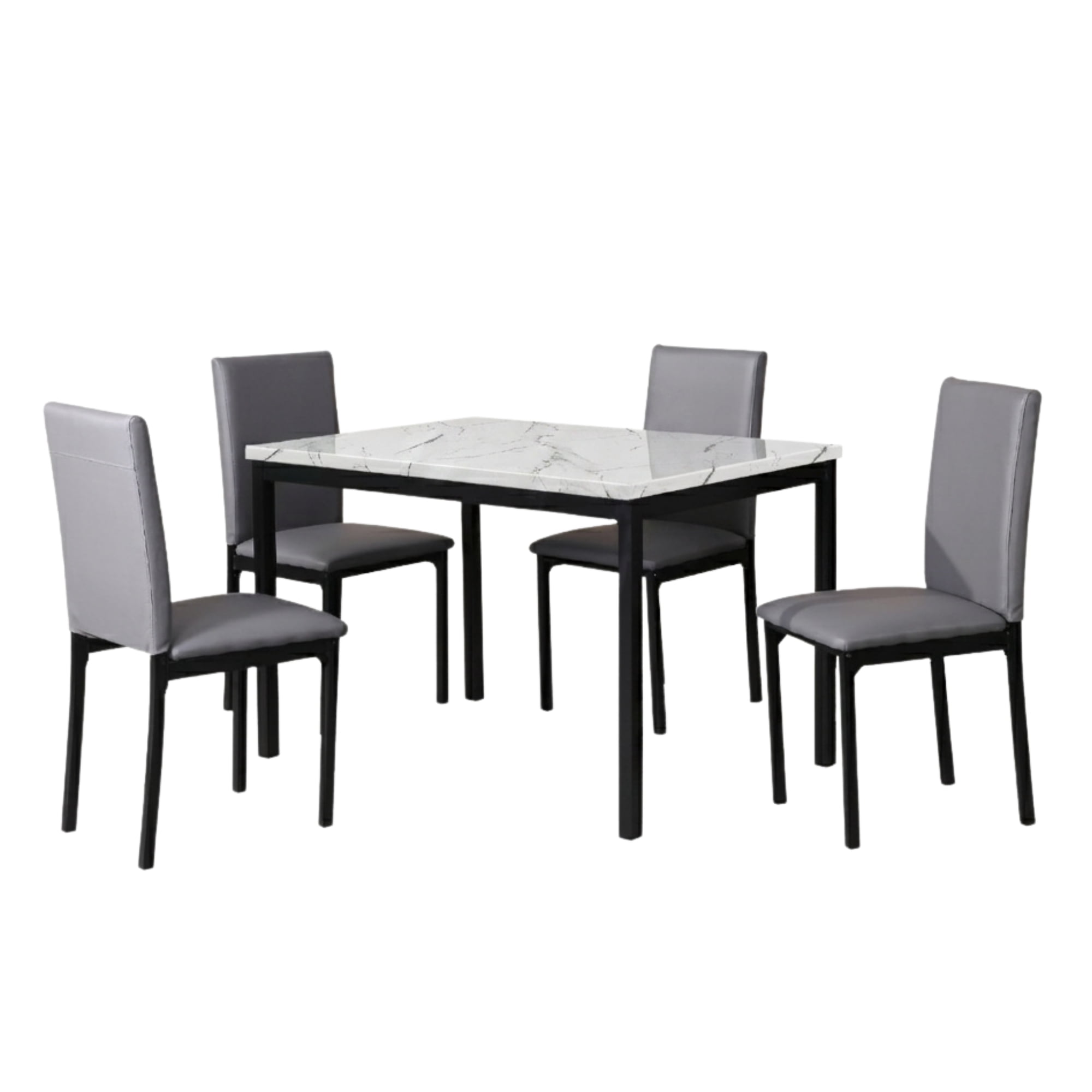 Roundhill Furniture Citico Metal 5-Piece Dinette Set with Laminated Faux Marble Top, Off White Table with Gray Chairs