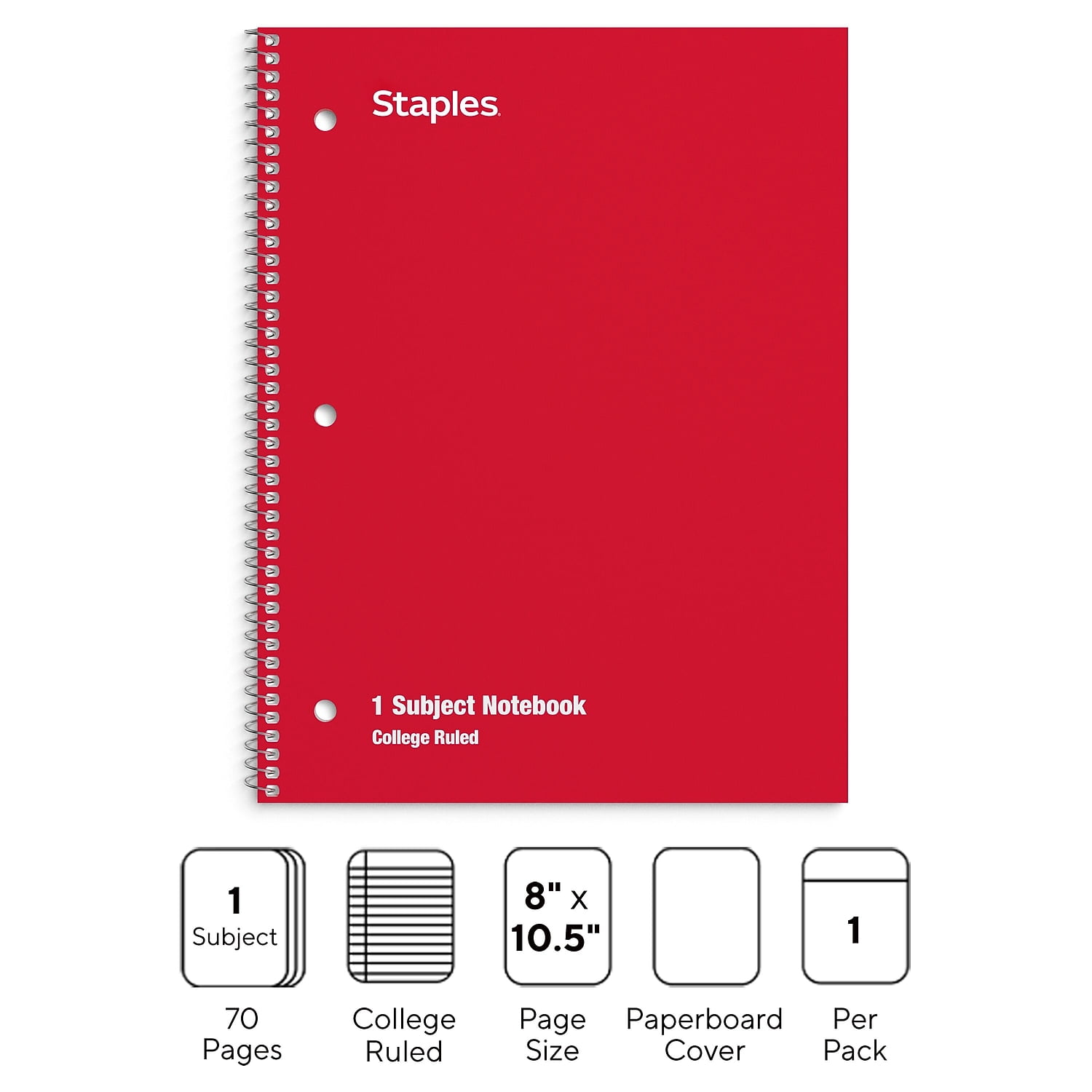 Staples 1 Subject Notebook 8" x 10-1/2" College Ruled 48 pack 27498CT