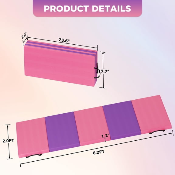 Acekid Leather Folding Gymnastics Tumbling Mat 6.2x2 ft, 5-Fold Thickened Exercise Mat, Pink-Purple