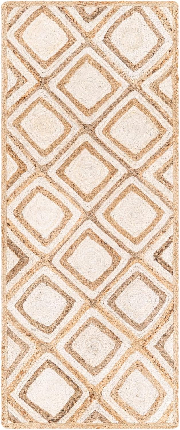 Indian Handmade Braided Natural Jute with White Box Rectangular Design Area Rug 2 x 5 Feet (61 cm x 152 cm), Floor Decor Rugs/Carpet