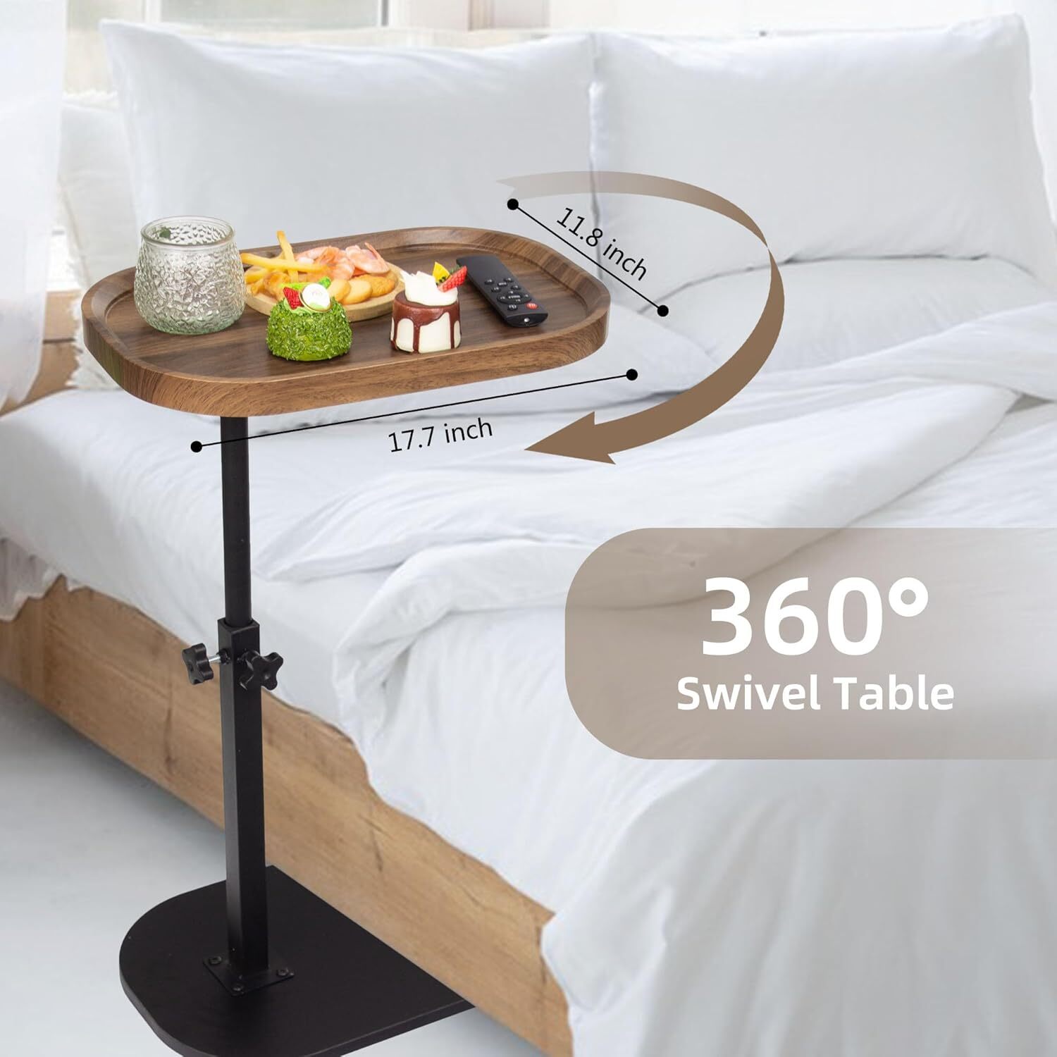 Yabanana C Shaped Side Table End Table, 360° Swivel and Adjustable Height Side Table Sofa Table for Couch (Brown)