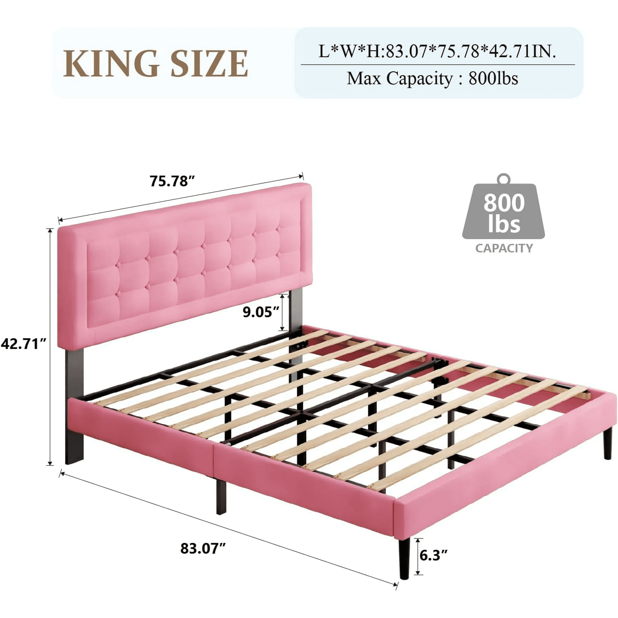 VIPLOV Pink Bed Frame,King Size Bed Frames with pholstered Headboard, Easy Assembly, Pink