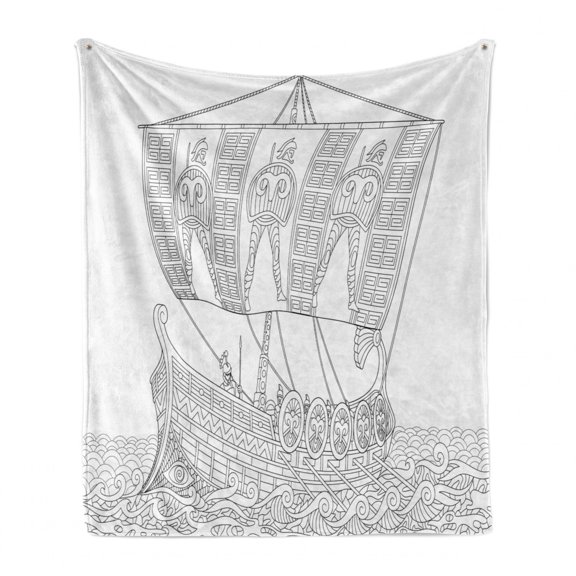 Retro Soft Flannel Fleece Throw Blanket, Greek Galley Cruising on Swirled Waves Doodle Illustration, Cozy Plush for Indoor and Outdoor Use, 70" x 90", Black White, by Ambesonne