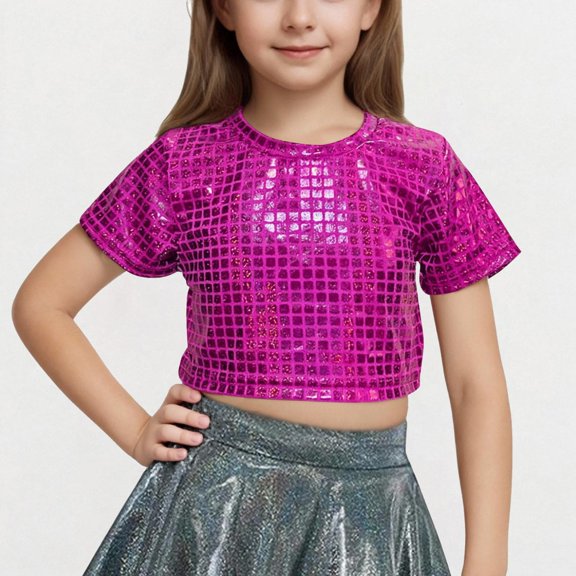 Cethrio Girls T Shirts Size 10-12 T, Dancewear Shiny Performance Summer Short Sleeve Tops Hot Pink
