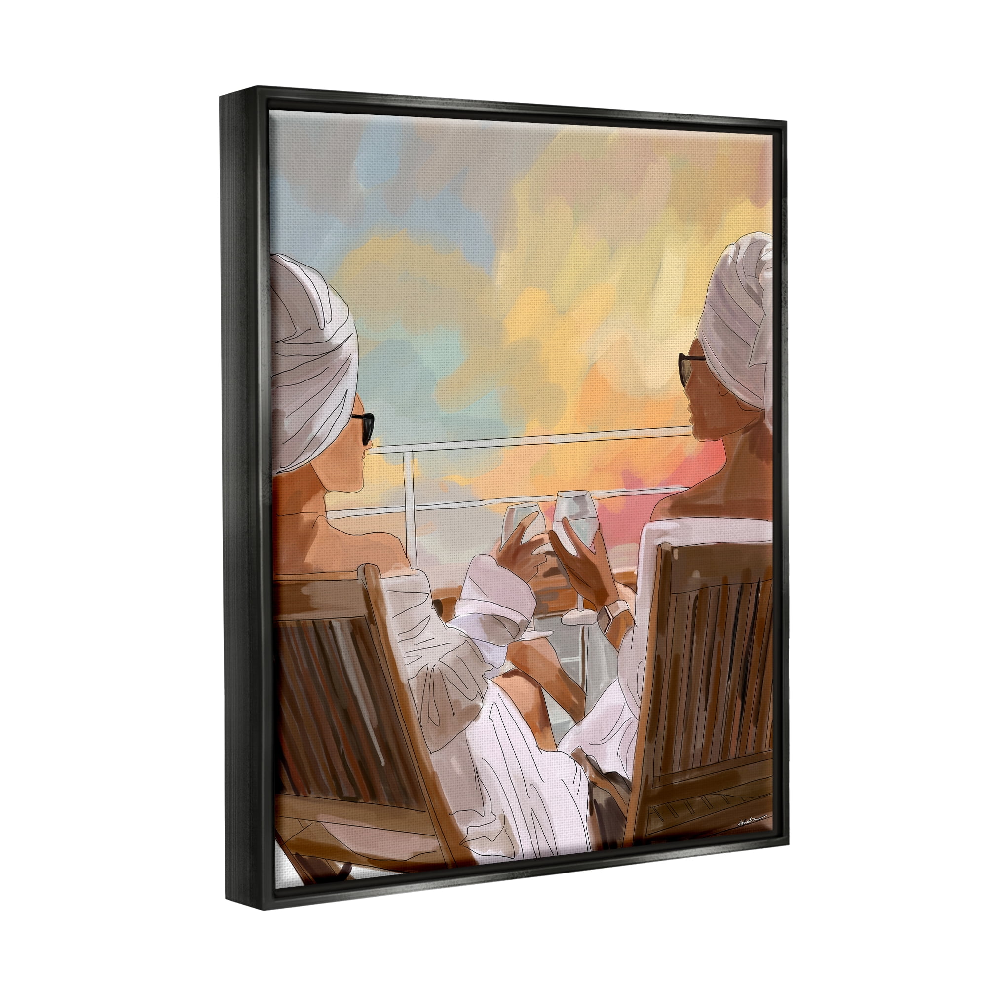 Stupell Industries Women Relaxing Sunset Cruise Coastal Painting Black Floater Framed Art Print Wall Art