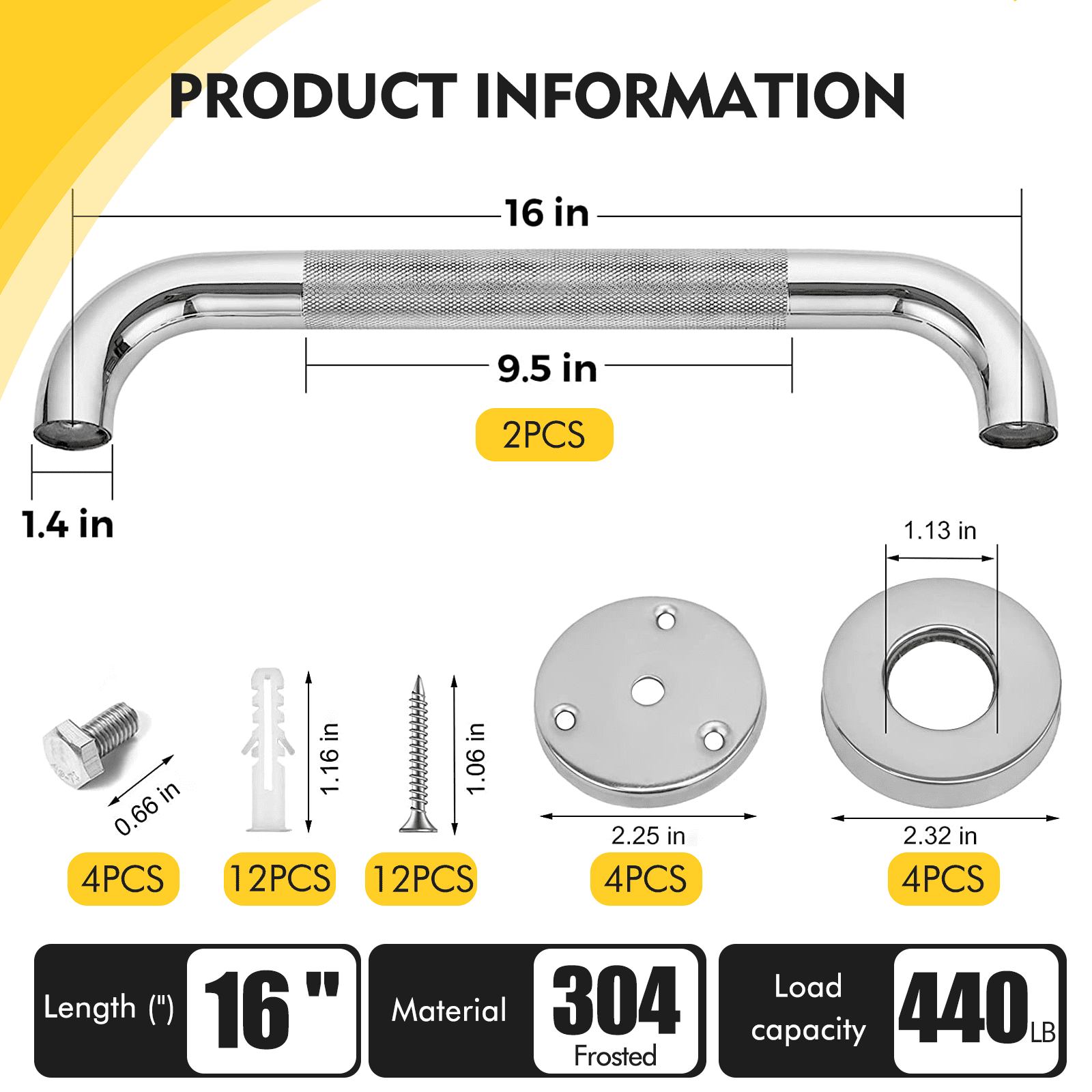 AOLIGO 16" Stainless Steel Grab Bars, 2 Pack, Anti Slip Shower Handles for Elderly and Handicap Bathroom Safety, Bathtub Assist