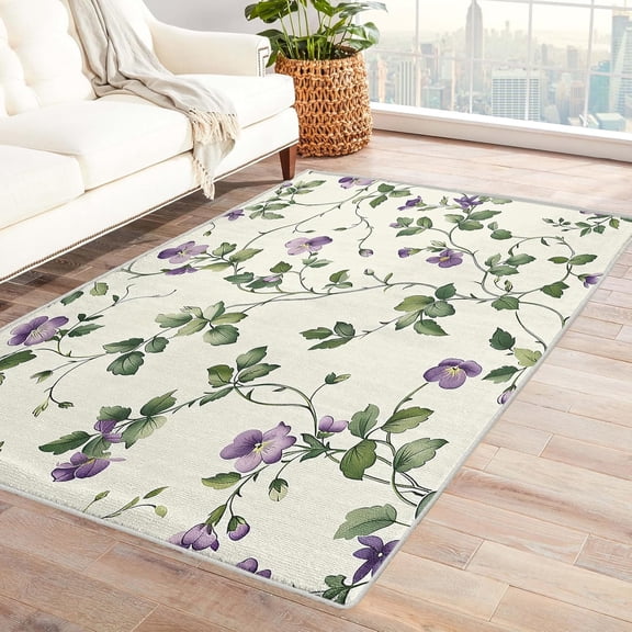 Purple Flower Throw Rug Washable Green Leaf Rugs For Entryway Bedroom Kitchen, Floral Area Rug For Home Decor, Non Slip Backing Indoor Floor Mat Carpet 3x5ft