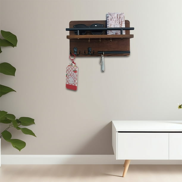 Llavero de pared con ganchos | Organizador de llaves de madera y hierro marrón para la entrada | Estante para llaves que ahorra espacio para el hogar, la oficina o el dormitorio
