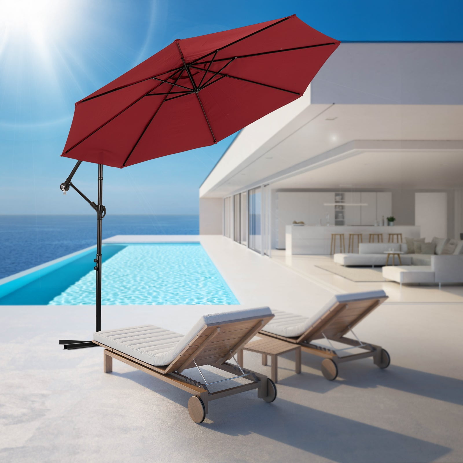Backyard Expressions 10ft Offset Hanging Patio Umbrella with Crank Lift & Tilt, Outdoor Market Umbrella with UV-Resistant Canopy, Cross Base, and Air Vent for Backyard, Deck, Poolside, or Garden