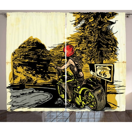 - Motorcycle Curtains 2 Panels Set, Girl on a Chopper Freehand Drawing of Historic Route 66 Sketch Style Countryside, Window Drapes for Living Room Bedroom, 108W X 108L Inches, Multicolor, by Ambesonne