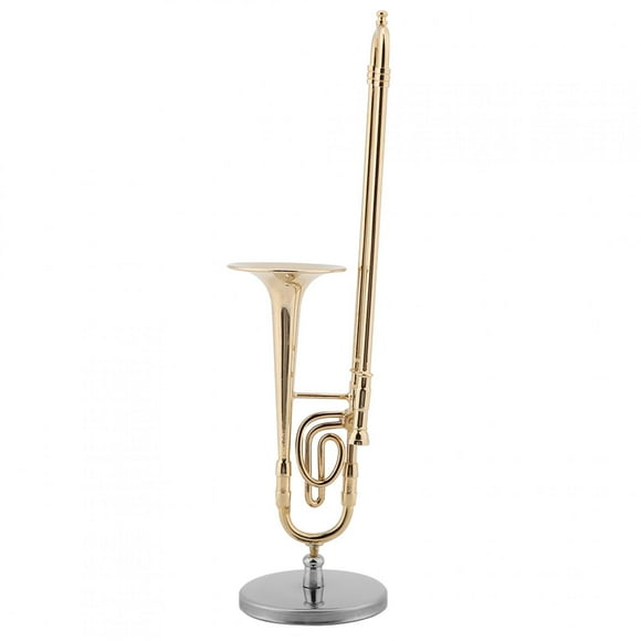 Miniature Trombone Replica, Brass Gold Plated Musical Instrument Model with Stand and Wooden Gift Case, for Christmas Birthday Gift Kids Musician Friends