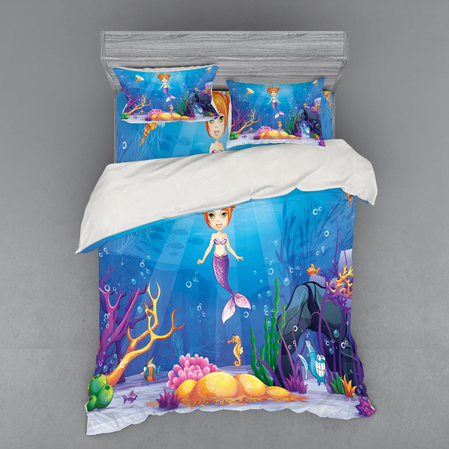 Mermaid Duvet Cover Set, Underwater World Little Girl and Different