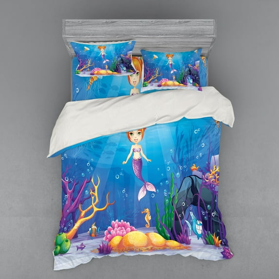 Ambesonne Colorful Bedding Set 4 Pcs, Cartoon Mermaid Fish, Queen, Multicolor