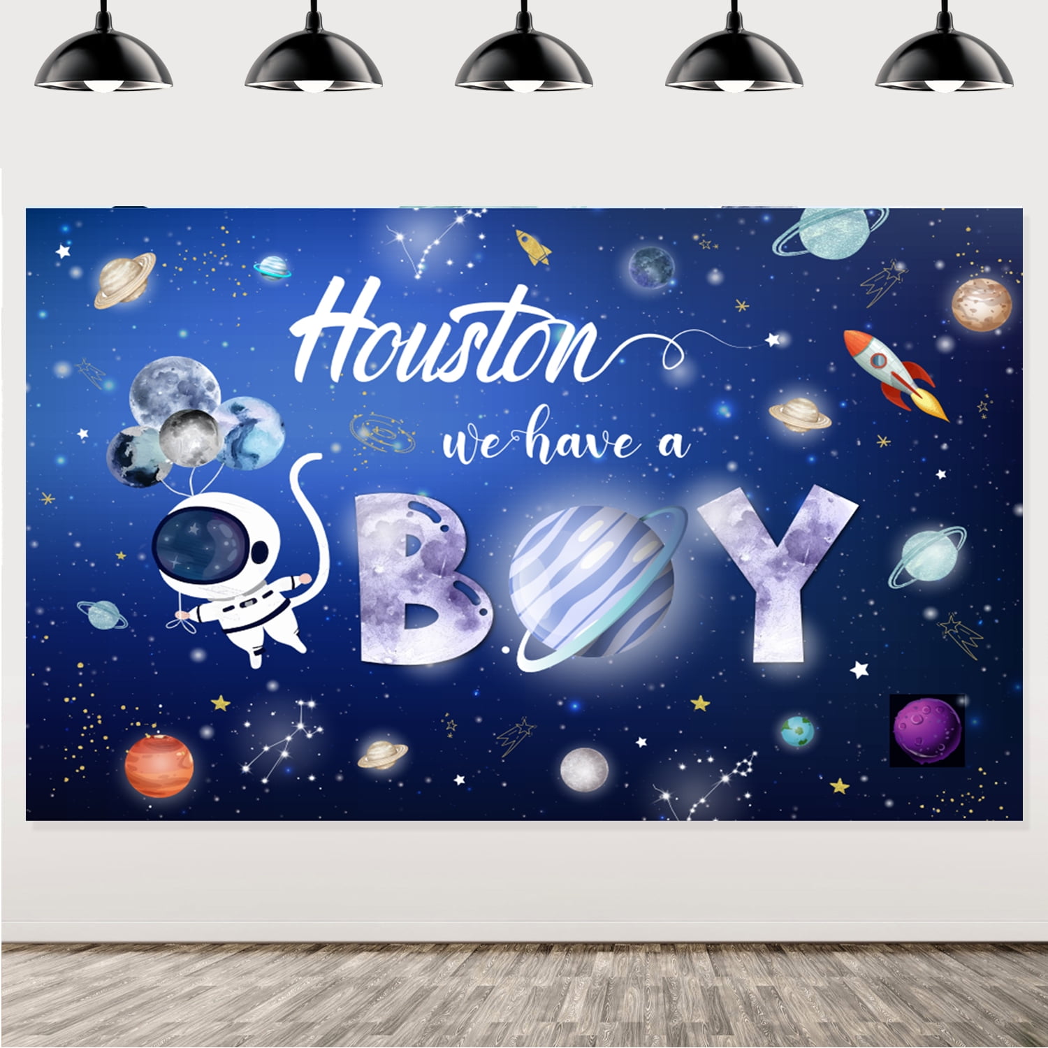 Space Themed Baby Shower Backdrop 'Houston We Have A Boy', Kid's