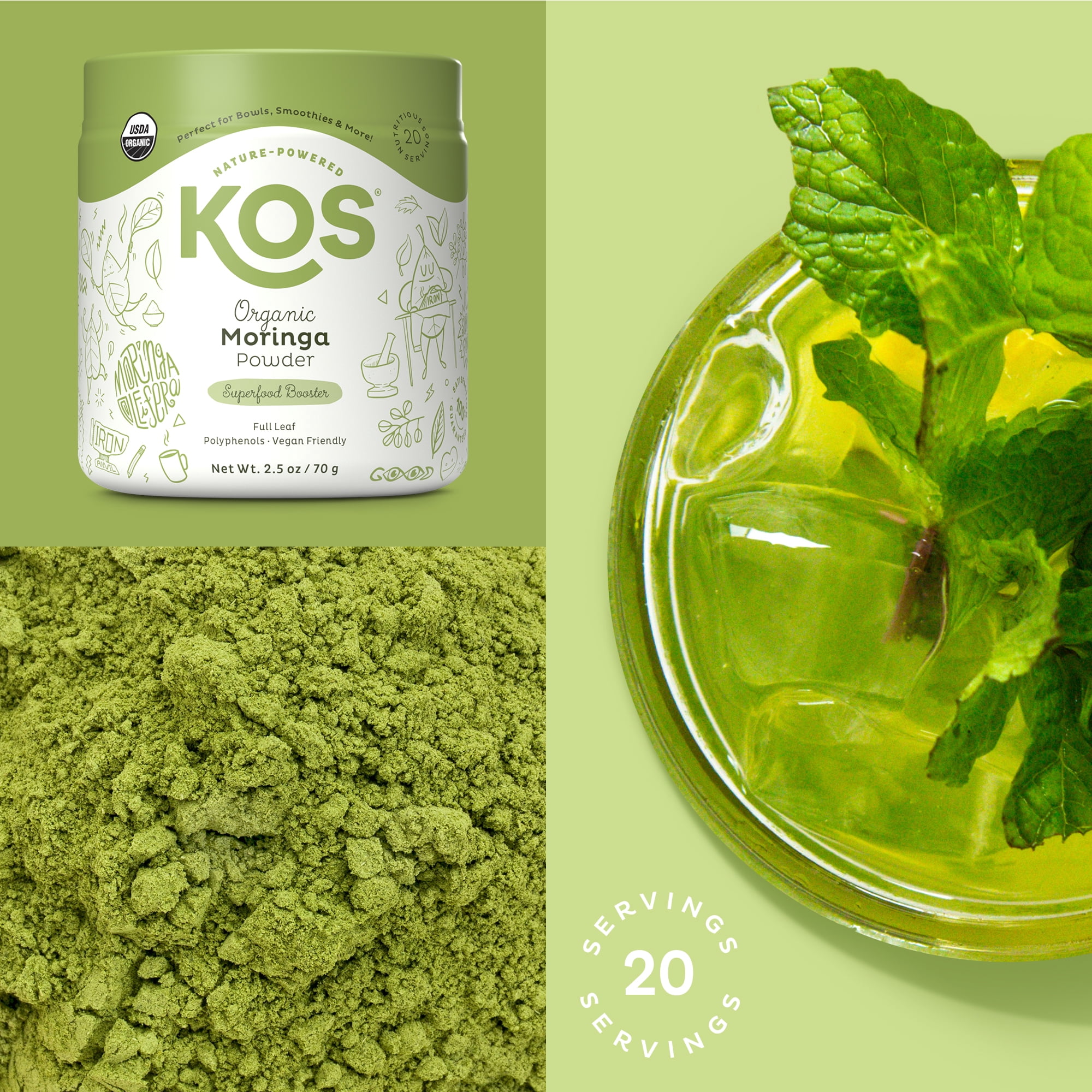 KOS Organic Moringa Powder - Vegan Superfood Booster, Gluten Free, Non GMO - 2.5 oz, 20 Servings