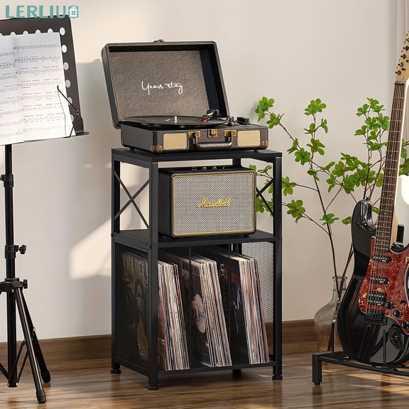 3 Tier Black Vinyl End Table, Industrial Side Table With Display Shelf and Albums Storage for Living Room Bedroom Small Spaces