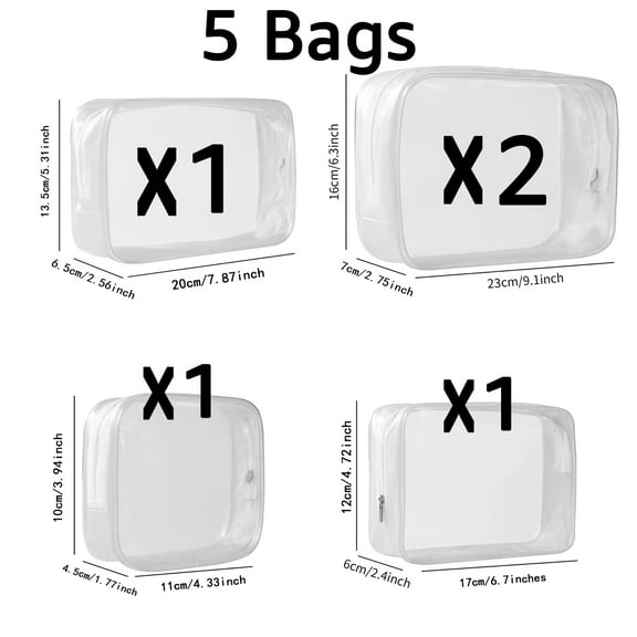 5 Pack Clear Plastic Zippered Toiletry Carry Pouch TSA Approved Toiletry Bag Portable Cosmetic Makeup Bag for Vacation, Bathroom and Organizing (White, Mixed Size)
