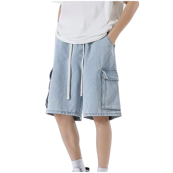 PNTUTB Summer Men's Fashion Solid Color Casual Loose Comfort Drawstring Waistband Washed Denim Shorts with Pockets