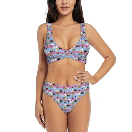 Zeuib Bees And Daisies Striped High Waisted Tummy Control Bikini Set - Knot Front Push Up Top & Cheeky Thong Bottom  Two-Piece Swimsuit for Women-Medium