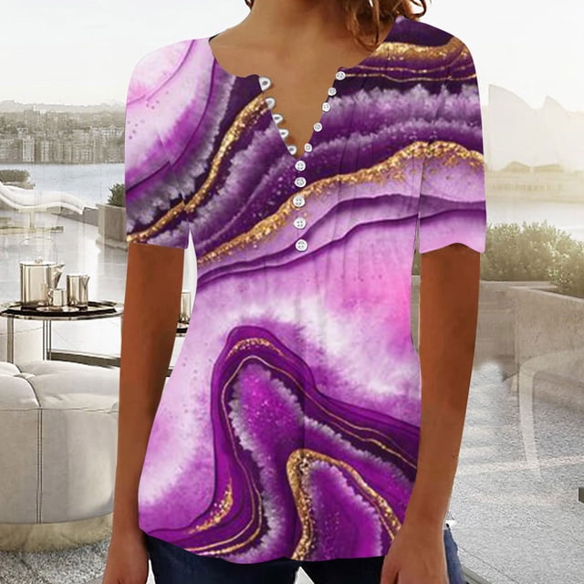 ICHUANYI Clearance Women's Summer V-Neck Print Casual Loose Top Short Sleeve Button Blouses Tops(Purple, XXL) ICHUANYI WER2023081505929