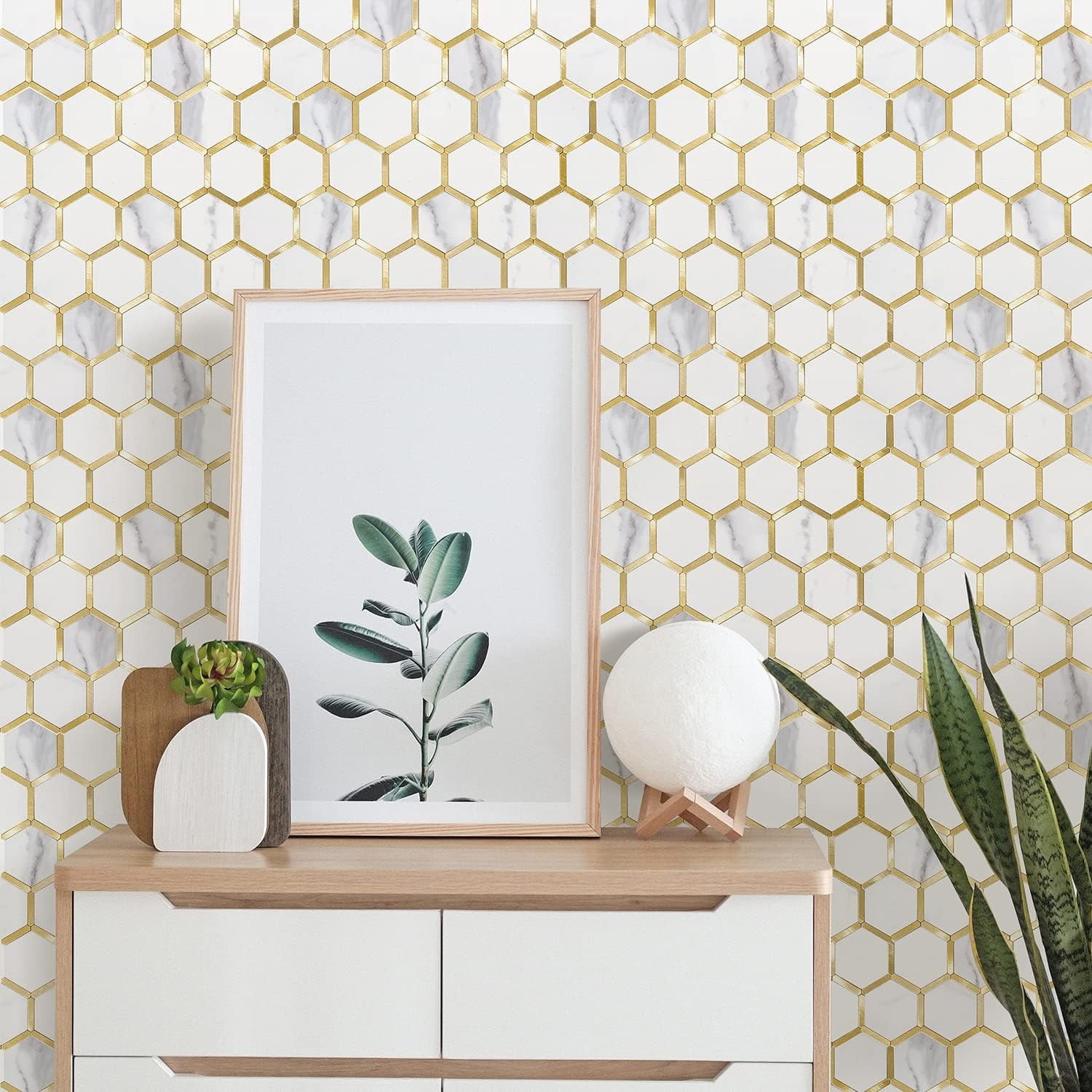 10-Sheet Hexagon Tile Peel and Stick Backsplash, White Marble Look PVC Mixed Golden Metal Mosaic Tiles for Kitchen and Bathroom