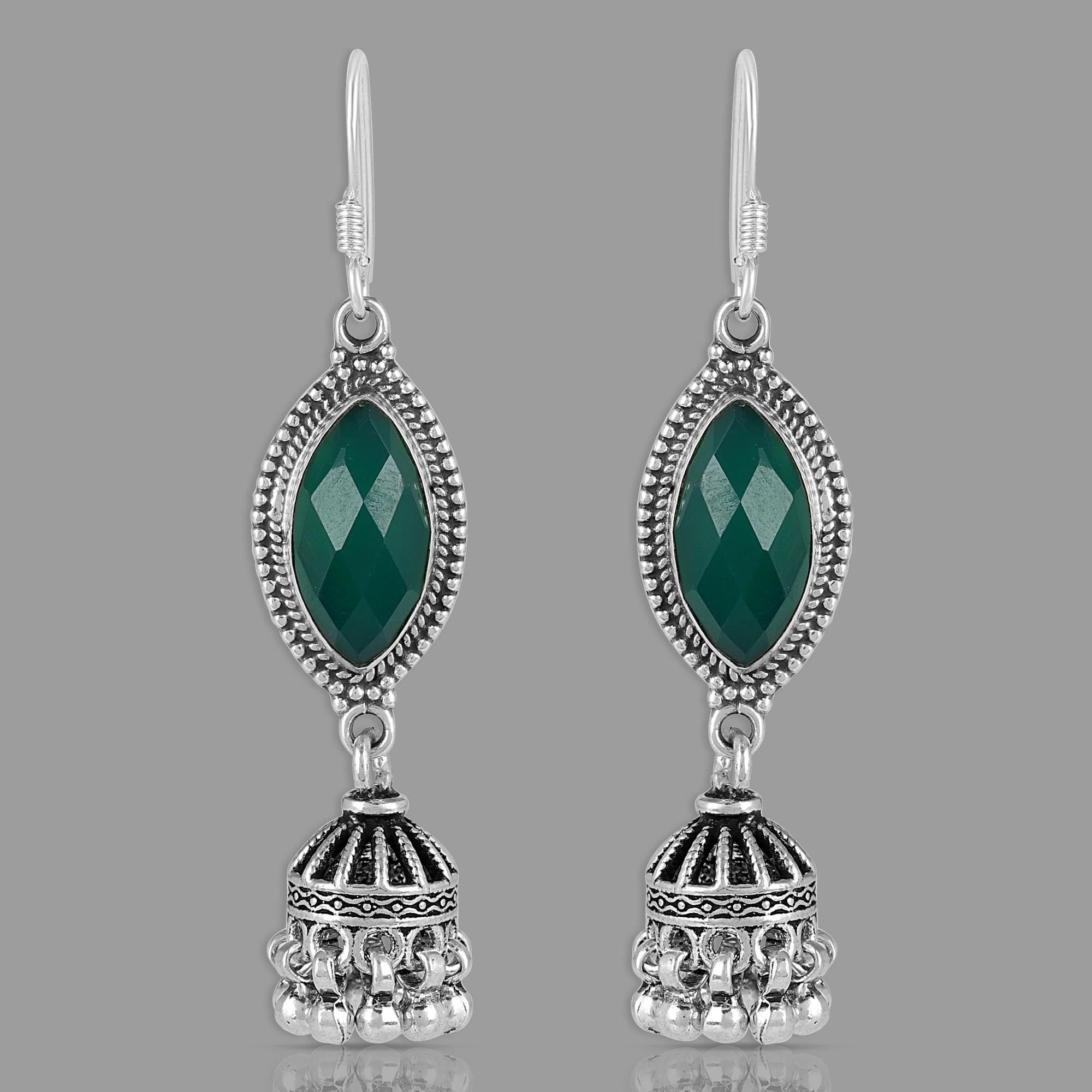 Natural Green Onyx Dangle Earrings for Women in 925 Sterling Silver – Handmade 15x8 mm Marquise Gemstones, 57 mm Long Boho Drop Earrings with Fish Hook Backs, Statement Jewelry Gift
