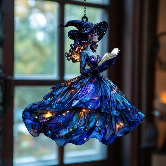 Celestial Witch Galaxy Dress Faux Stained Glass Suncatcher – Enchanted Moon & Stars Window Hanging with Spellbook, Autumn Home Décor Gift