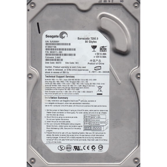 ST3802110A, 5LR, WU, PN 9BD011-303, FW 3.AAE, Seagate 80GB IDE 3.5 Hard Drive